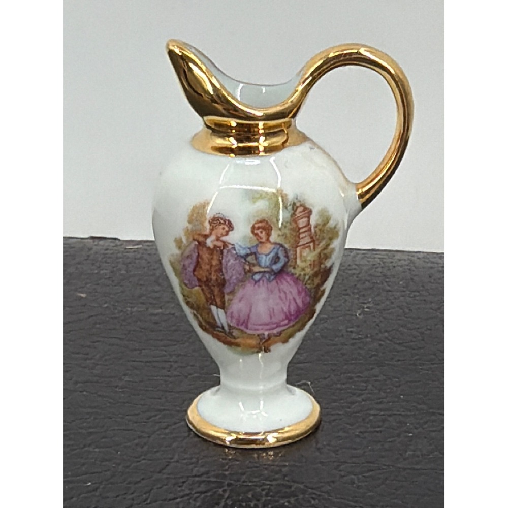 Limoges France Miniature Porcelain Pitcher Fragonard Courting Couple Gold Trim